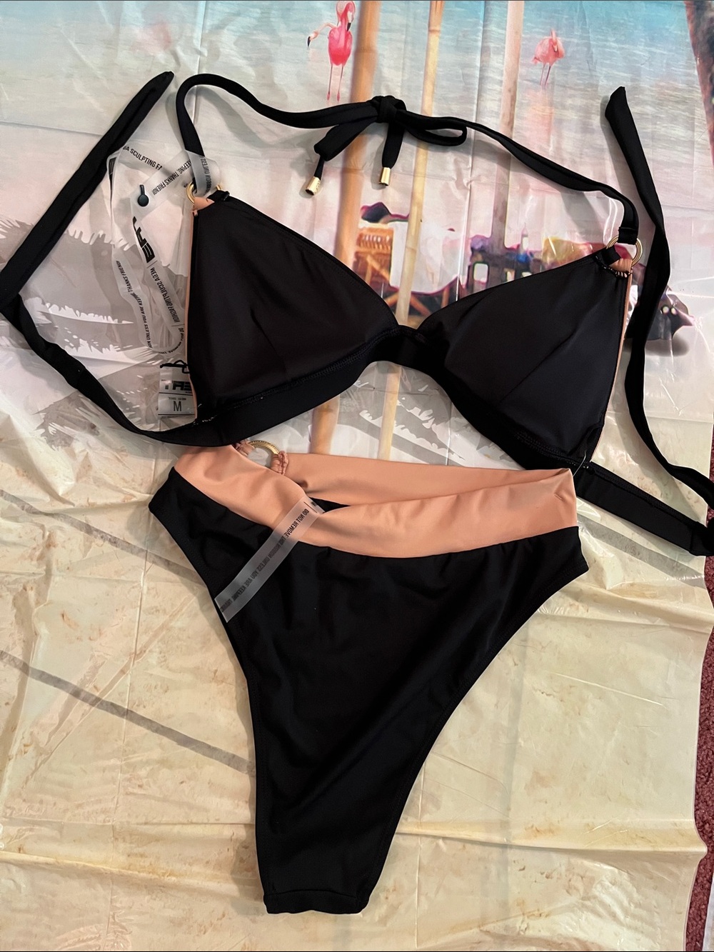 Size M Women's Black and Blush Two-Piece Swim Set